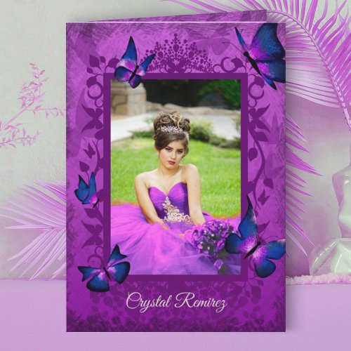 Violet Purple Navy Blue Butterflies Quinceanera Card