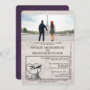 Violet Purple Paris Passport Wedding Invitation