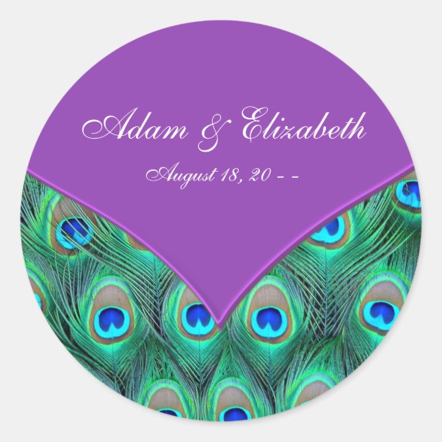 Violet Purple Peacock Wedding Classic Round Sticker (Front)