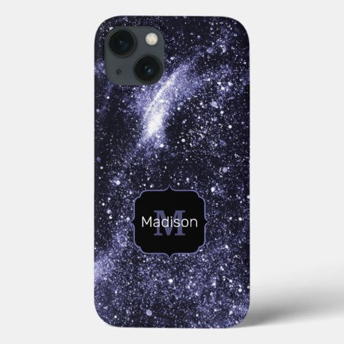 Violet purple peri black abstract galaxy Monogram iPhone 13 Case