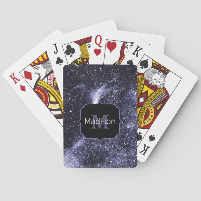 Violet purple peri black abstract galaxy Monogram  Poker Cards (Back)
