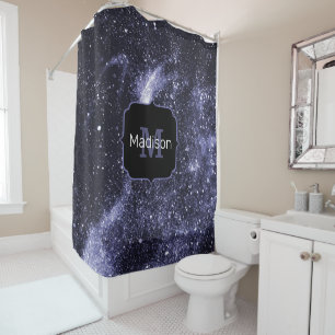 Violet purple peri black abstract galaxy Monogram Shower Curtain