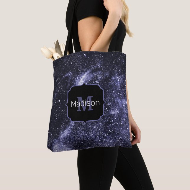 Violet purple peri black abstract galaxy Monogram Tote Bag (Close Up)