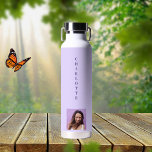 Violet purple photo name water bottle<br><div class="desc">A violet,  lavender colored background.  Personalize and add your name and a profile photo. Purple letters.</div>