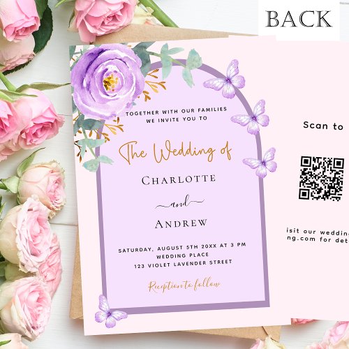 Violet purple pink floral arch QR RSVP wedding Invitation