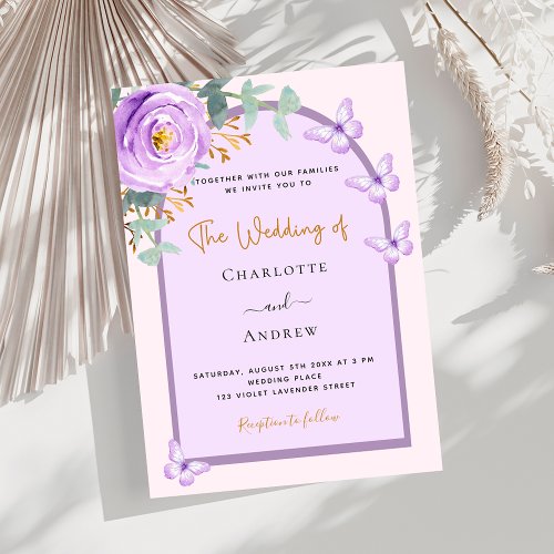 Violet purple pink floral greenery arch wedding invitation