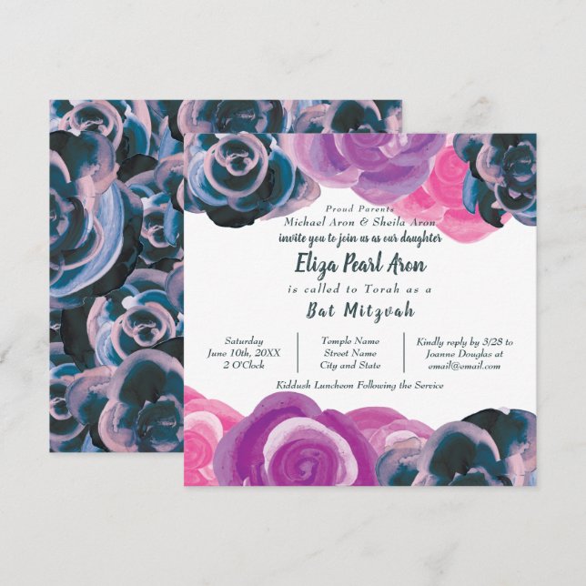 Violet Purple Pink Roses Bat Mitzvah Invitation (Front/Back)