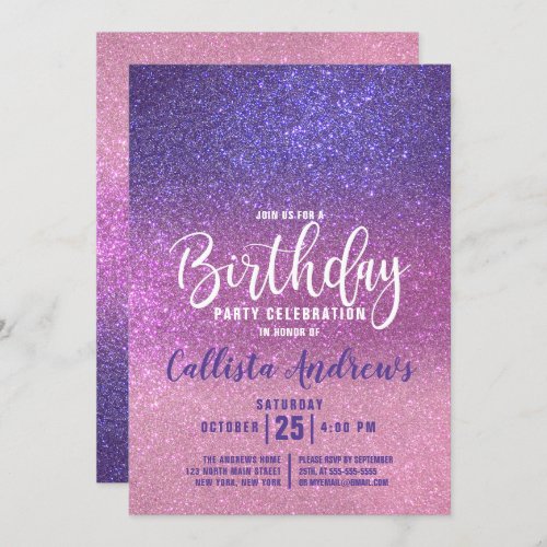 Violet Purple Pink Triple Glitter Ombre Birthday Invitation