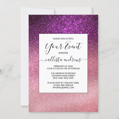 Violet Purple Pink Triple Glitter Ombre Gradient Invitation