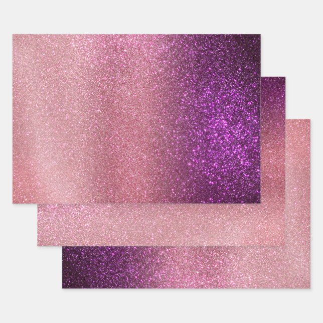 Violet Purple Pink Triple Glitter Ombre Gradient Wrapping Paper Sheets (Set)