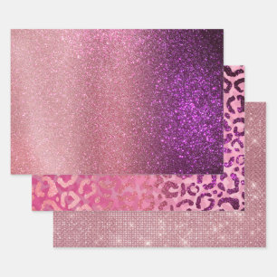 Violet Purple Pink Triple Glitter Ombre Gradient Wrapping Paper Sheets