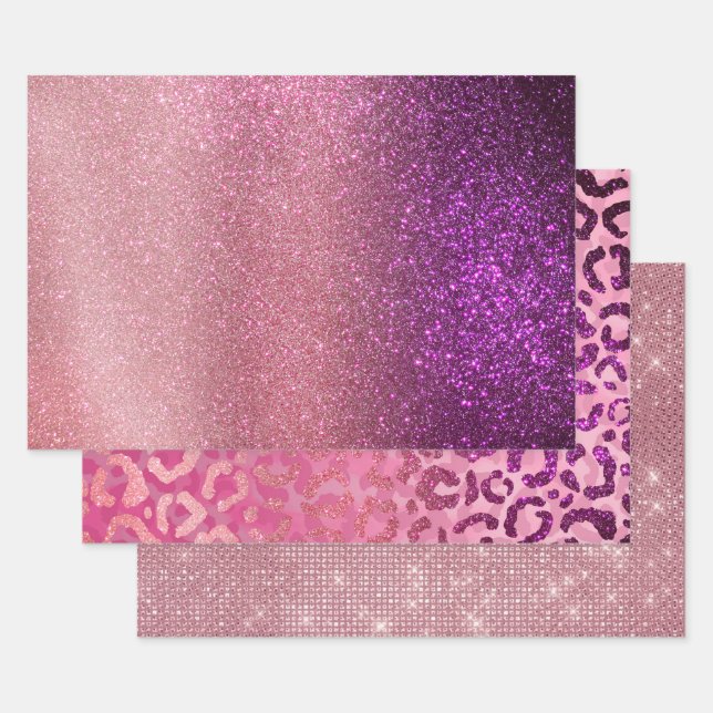 Violet Purple Pink Triple Glitter Ombre Gradient Wrapping Paper Sheets (Set)