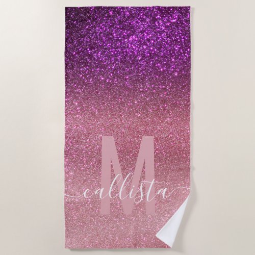 Violet Purple Pink Triple Glitter Ombre Monogram Beach Towel