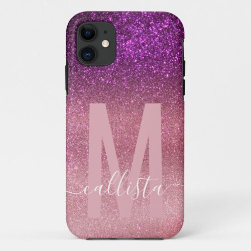 Violet Purple Pink Triple Glitter Ombre Monogram iPhone 11 Case