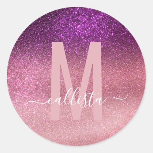 Violet Purple Pink Triple Glitter Ombre Monogram Classic Round Sticker