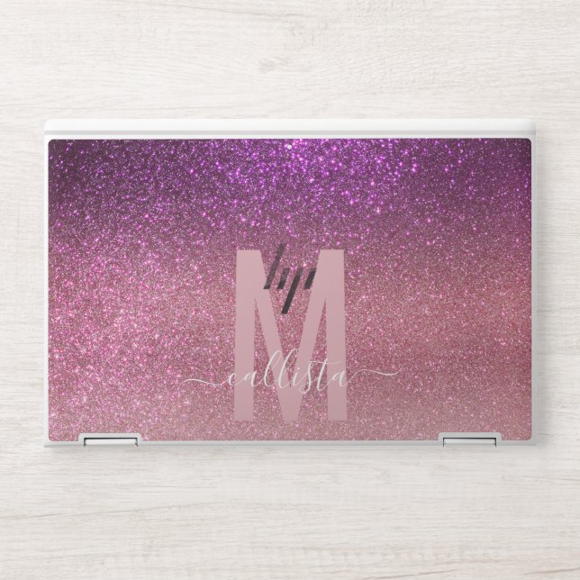 Violet Purple Pink Triple Glitter Ombre Monogram HP Laptop Skin (Front)