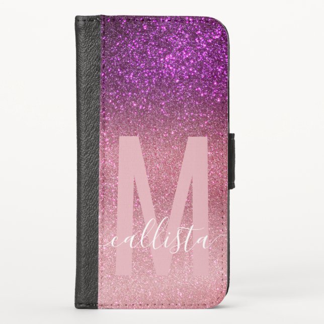Violet Purple Pink Triple Glitter Ombre Monogram iPhone Wallet Case (Front)