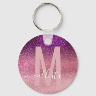 Violet Purple Pink Triple Glitter Ombre Monogram Keychain