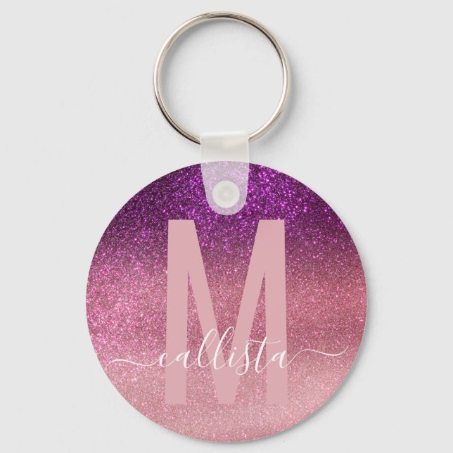 Violet Purple Pink Triple Glitter Ombre Monogram Keychain (Front)
