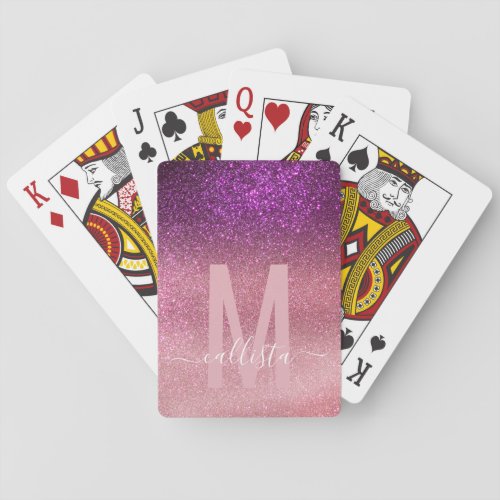 Violet Purple Pink Triple Glitter Ombre Monogram Poker Cards