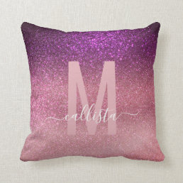 Violet Purple Pink Triple Glitter Ombre Monogram Throw Pillow
