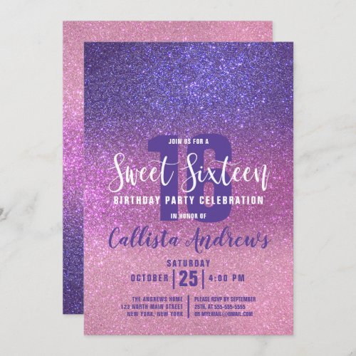 Violet Purple Pink Triple Glitter Ombre Sweet 16 Invitation