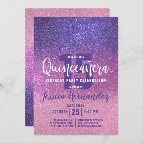 Violet Purple Pink Triple Glitter Quinceaera Invitation