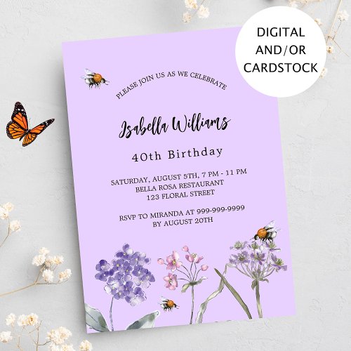 Violet purple pink wildflowers birthday invitation