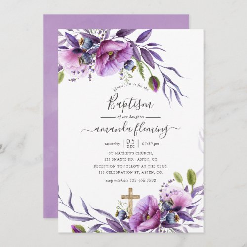 Violet Purple Poppy Floral Baptism Invitation