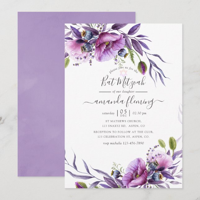 Violet Purple Poppy Floral Bat Mitzvah Invitation (Front/Back)