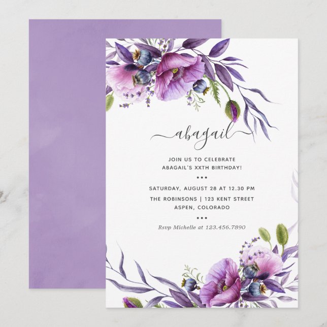 Violet Purple Poppy Floral Birthday Invitation (Front/Back)