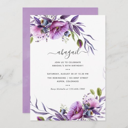 Violet Purple Poppy Floral Birthday Invitation