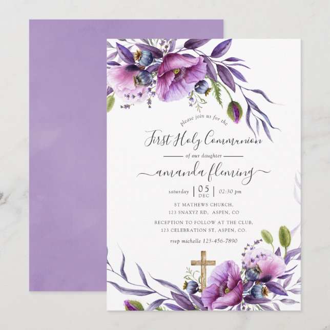 Violet Purple Poppy Floral First Holy Communion Invitation (Front/Back)
