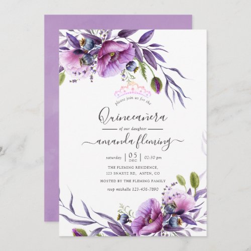 Violet Purple Poppy Floral Quinceaera Invitation