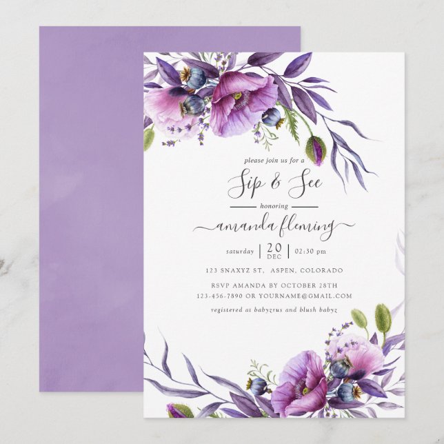 Violet Purple Poppy Floral Sip and See Invitation (Front/Back)