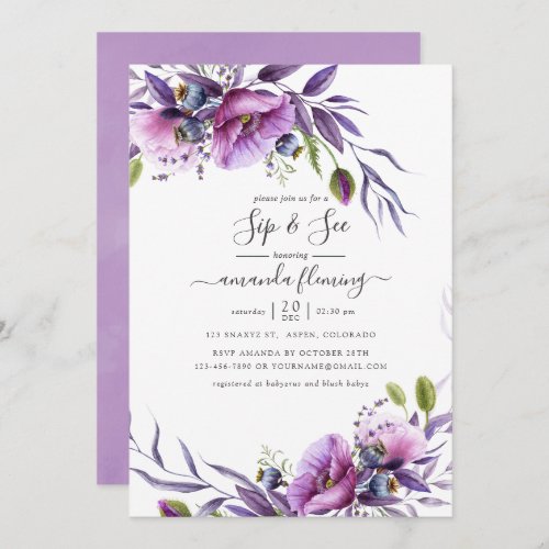 Violet Purple Poppy Floral Sip and See Invitation