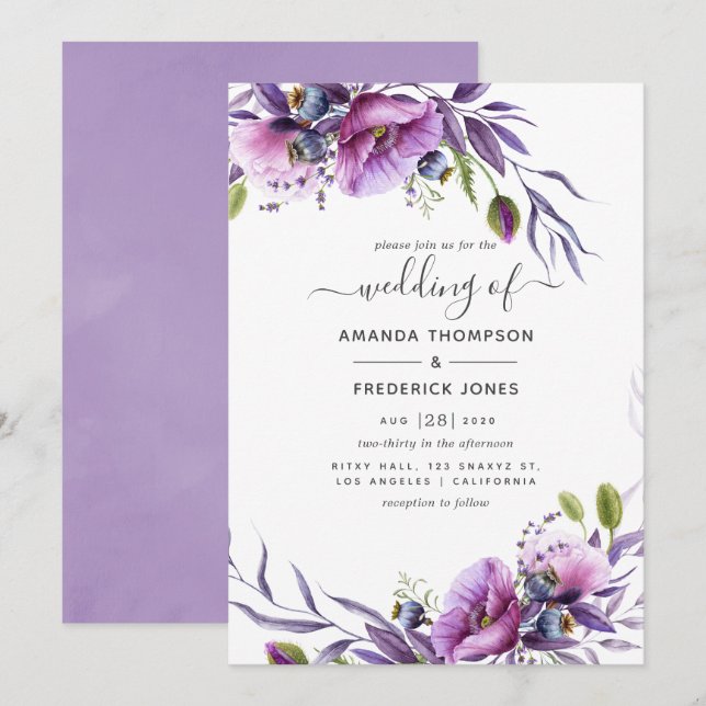 Violet Purple Poppy Floral Wedding Invitation (Front/Back)