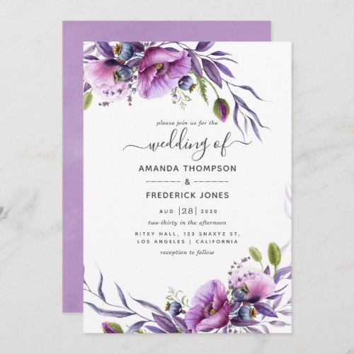 Violet Purple Poppy Floral Wedding Invitation