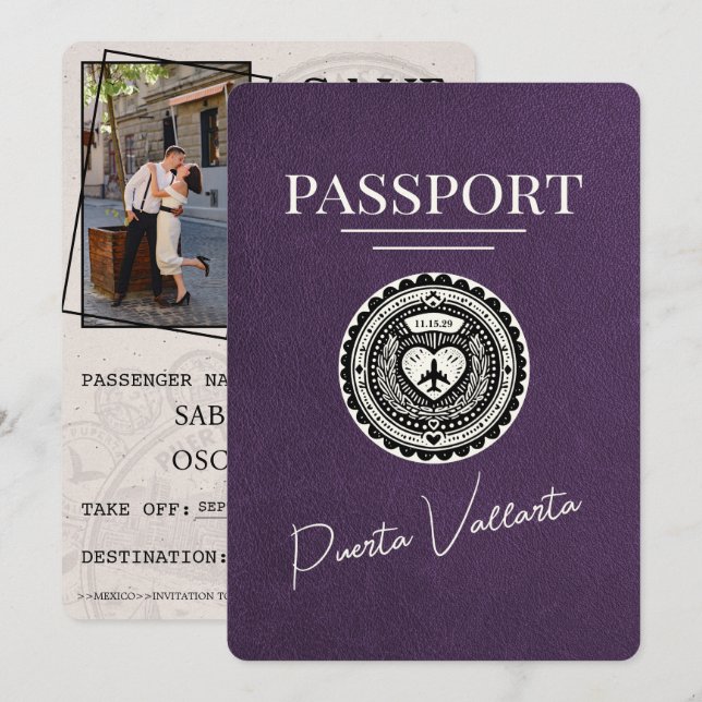Violet Purple Puerta Vallarta Passport Save The Date (Front/Back)