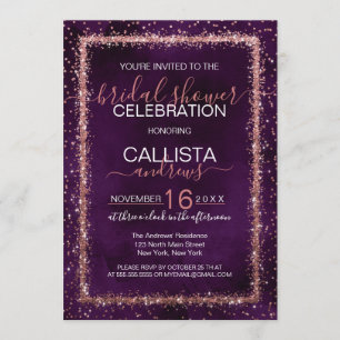 Violet Purple Rose Gold Confetti Bridal Shower Invitation