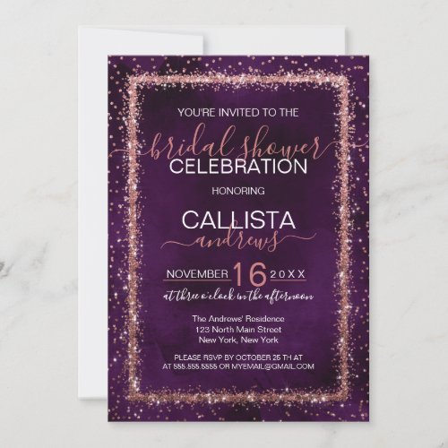 Violet Purple Rose Gold Confetti Bridal Shower Invitation