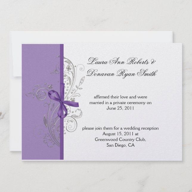 Violet Purple Silver Swirls White Post Wedding Invitation (Front)