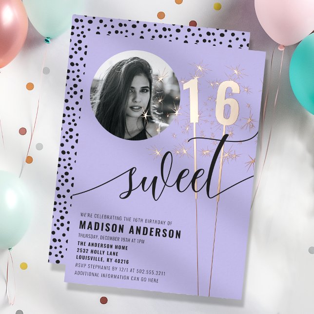 Violet Purple Sparkler Sweet 16 Birthday Photo Foil Invitation (Creator Uploaded)