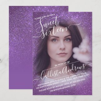 Violet Purple Sparkly Glitter Ombre Photo Sweet 16 Invitation