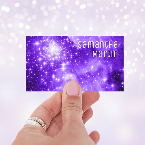 Violet Purple Sparkly Stars Celestial Photo Business Card