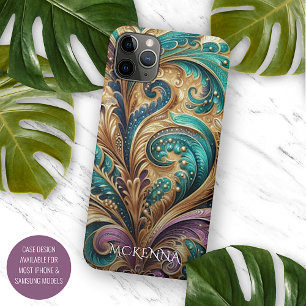 Violet Purple Teal Blue Green Gold Paisley Pattern iPhone 11 Pro Max Case