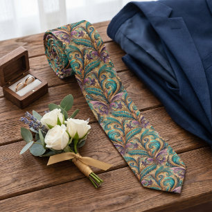 Violet Purple Teal Blue Green Gold Paisley Pattern Neck Tie