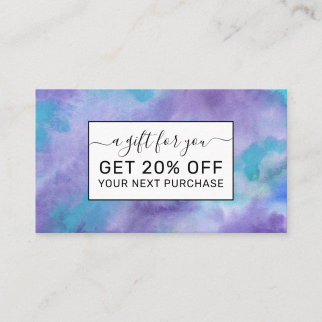 Violet Purple Teal Green Abstract Watercolor Discount Card (Front)