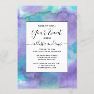 Violet Purple Teal Green Abstract Watercolor Invitation
