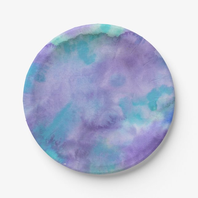 Violet Purple Teal Green Abstract Watercolor Paper Plates (Front)